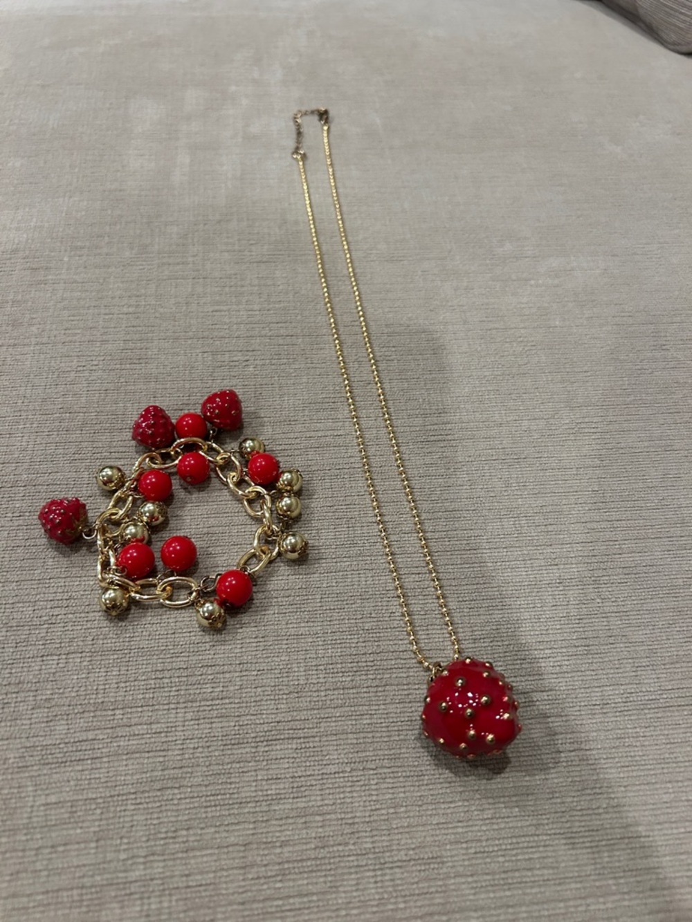 Gold-Tone strawberry pendant Necklace and Bracelet Set with Red Bead Charms